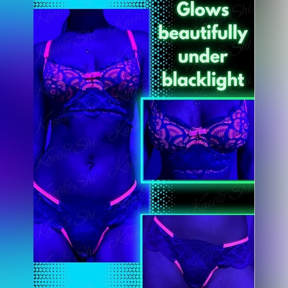 Neon Lace Lingerie Set Blue & Pink Underwire Bra + Thong 2-Piece - Picture 4 of 6